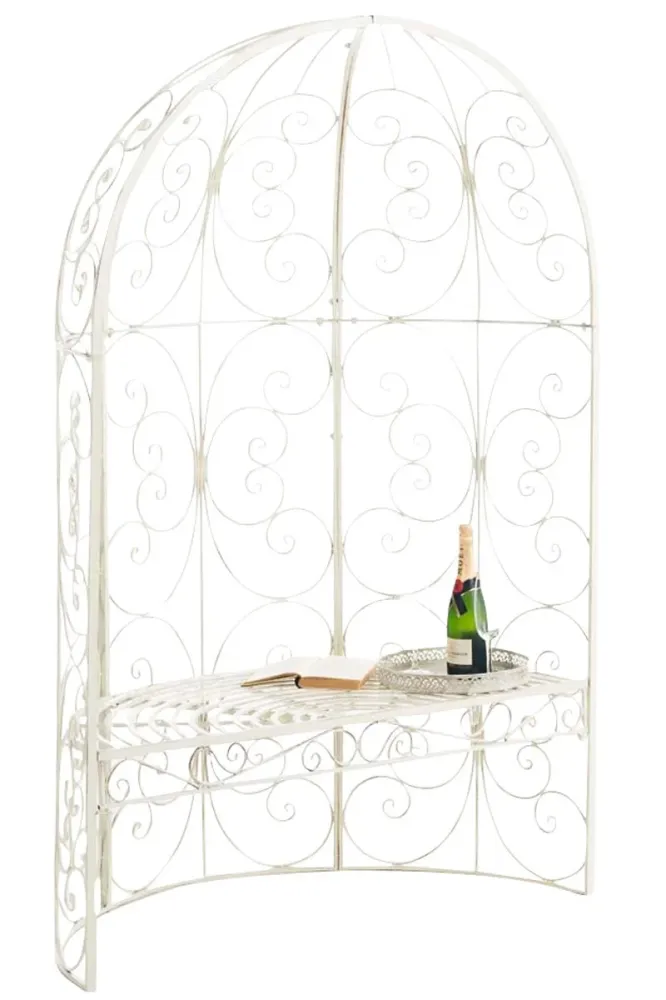Banc de jardin avec arche à rosiers en métal crème vieilli style rétro MDJ10186