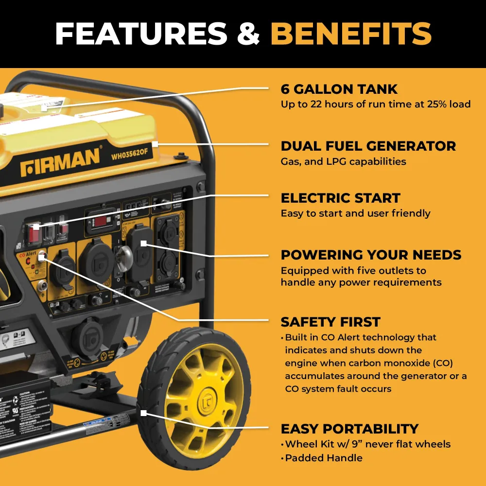 Dual Fuel Open Frame Inverter 4400W Electric Start CO ALERT