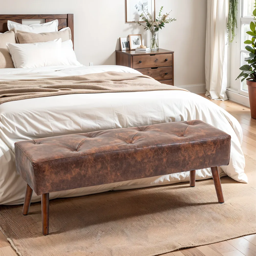 Banc bout de lit banquette capitonnée style nostalgique revêtement synthétique 114 x 38 x 42 cm piètement bois banc rembou...