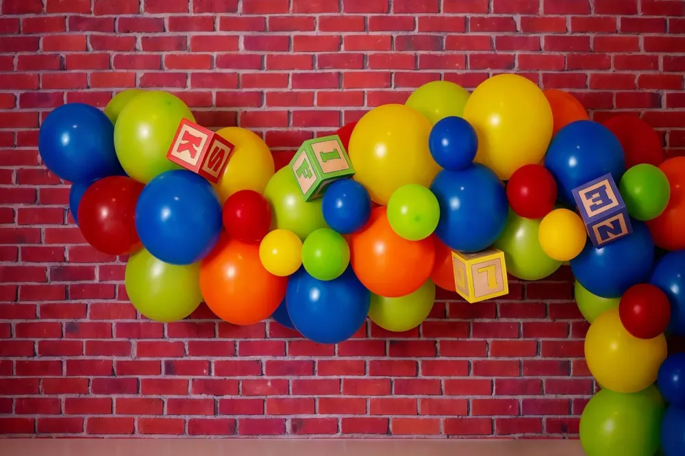 Fond photo d'anniversaire Ballons colorés Blocs Fond pour gâteau d'anniversaire MRR10-26