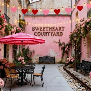 Fond pour la Saint-Valentin avec couronne Café romantique dans une cour rose Fond LXX512-167