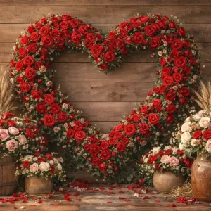 Fond pour la Saint-Valentin Mur rustique avec cœur en roses Fond avec fleurs en forme de cœur LXX512-166