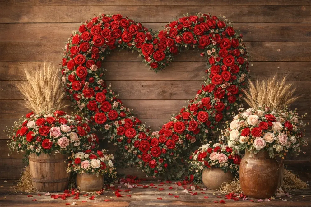 Fond pour la Saint-Valentin Mur rustique avec cœur en roses Fond avec fleurs en forme de cœur LXX512-166