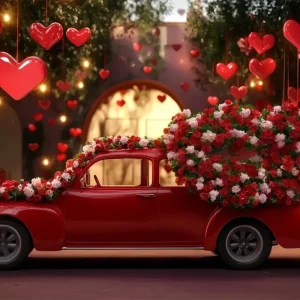 Fond pour la Saint-Valentin Voiture nostalgique rouge avec cœur Fond pour la Saint-Valentin MRR11-98