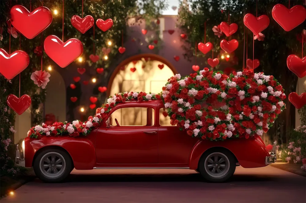 Fond pour la Saint-Valentin Voiture nostalgique rouge avec cœur Fond pour la Saint-Valentin MRR11-98