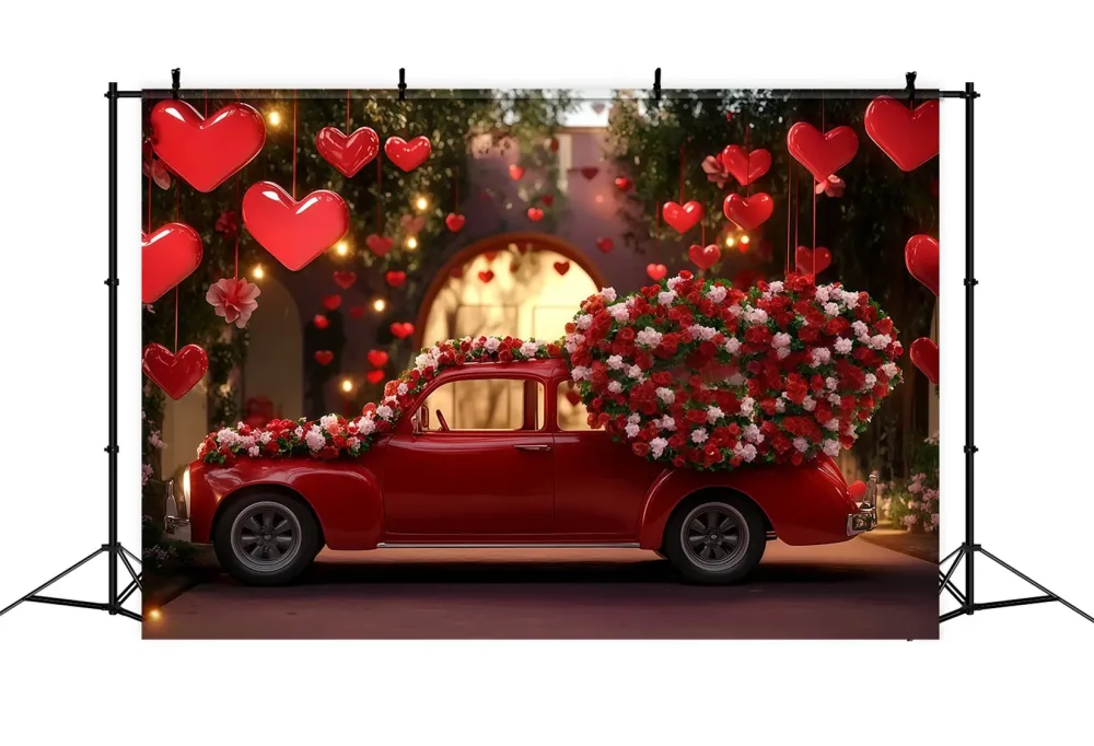 Fond pour la Saint-Valentin Voiture nostalgique rouge avec cœur Fond pour la Saint-Valentin MRR11-98