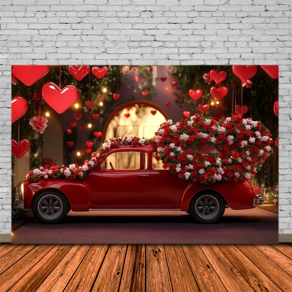 Fond pour la Saint-Valentin Voiture nostalgique rouge avec cœur Fond pour la Saint-Valentin MRR11-98
