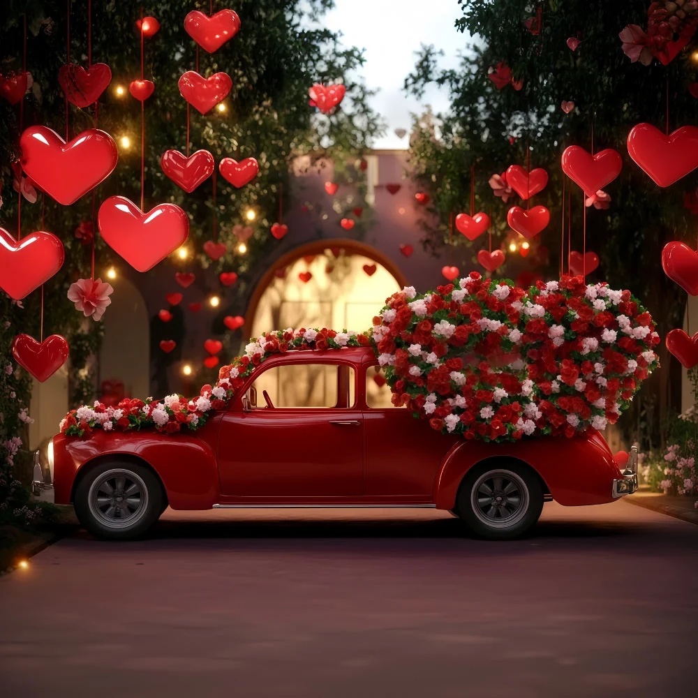 Fond pour la Saint-Valentin Voiture nostalgique rouge avec cœur Fond pour la Saint-Valentin MRR11-98