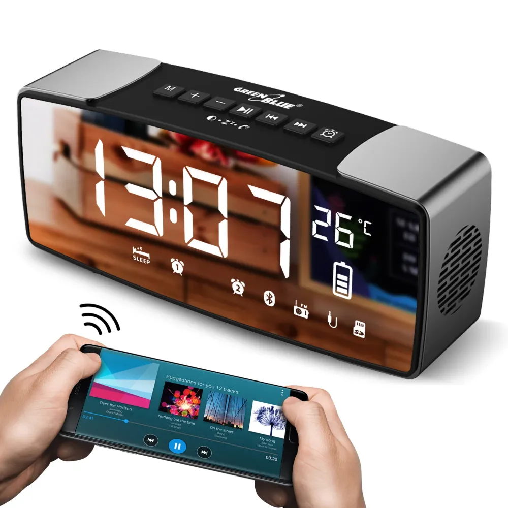 GreenBlue GB200 Radio-réveil Bluetooth 4.2, FM, entrée auxiliaire, 6 W, température, réveil, horloge, batterie 2200 mAh