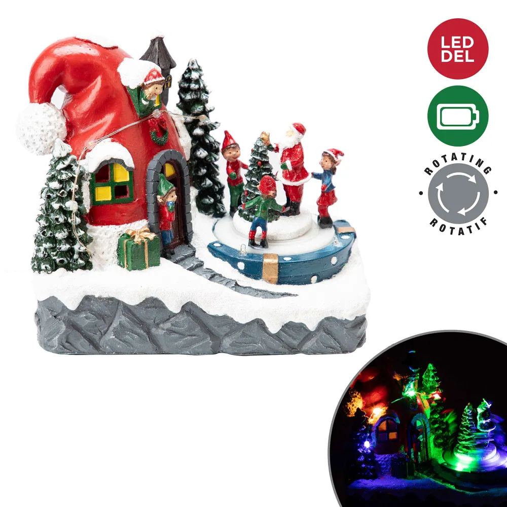 Scène en polyrésine avec chapeau de père Noël avec lumières DEL et mouvement, 21 cm x 18,5 cm