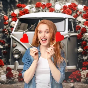 St Valentin Voiture Vieux style Roses Rouges et Blanches Romantique Toile de fond M12-34