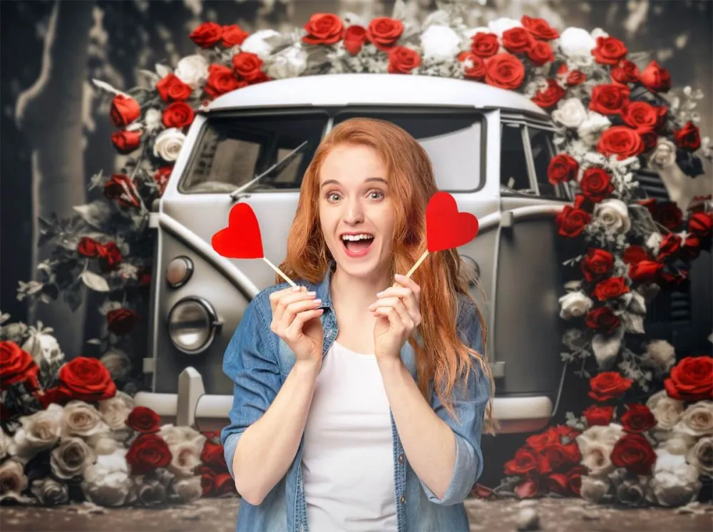 St Valentin Voiture Vieux style Roses Rouges et Blanches Romantique Toile de fond M12-34