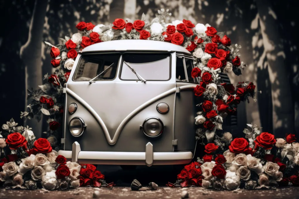 St Valentin Voiture Vieux style Roses Rouges et Blanches Romantique Toile de fond M12-34
