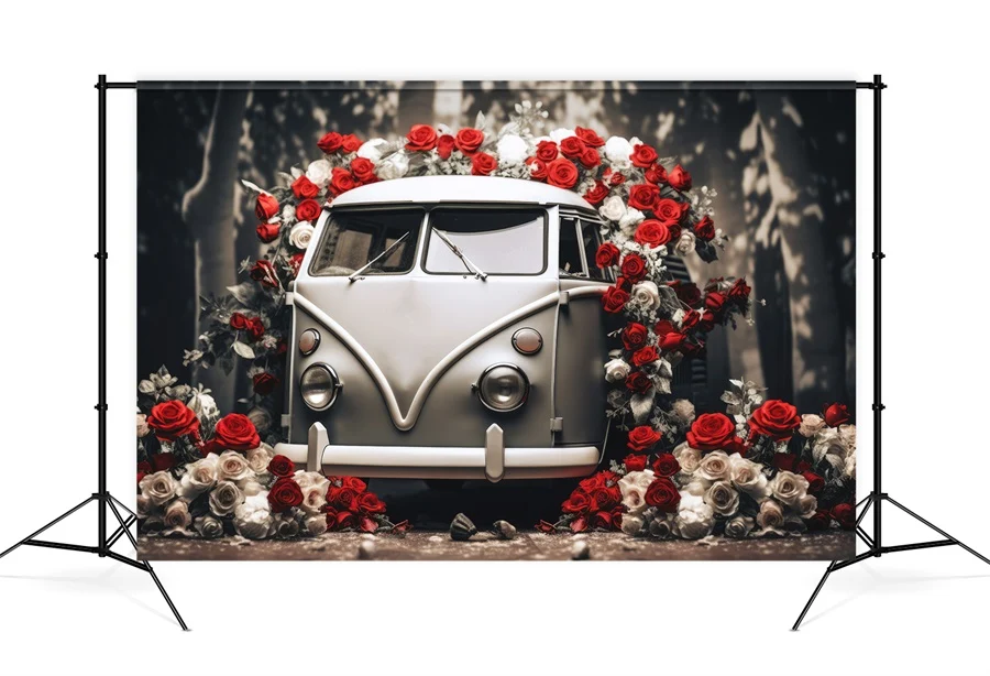 St Valentin Voiture Vieux style Roses Rouges et Blanches Romantique Toile de fond M12-34