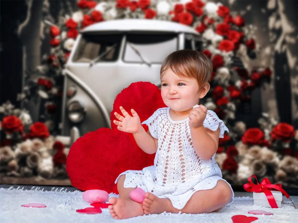 St Valentin Voiture Vieux style Roses Rouges et Blanches Romantique Toile de fond M12-34
