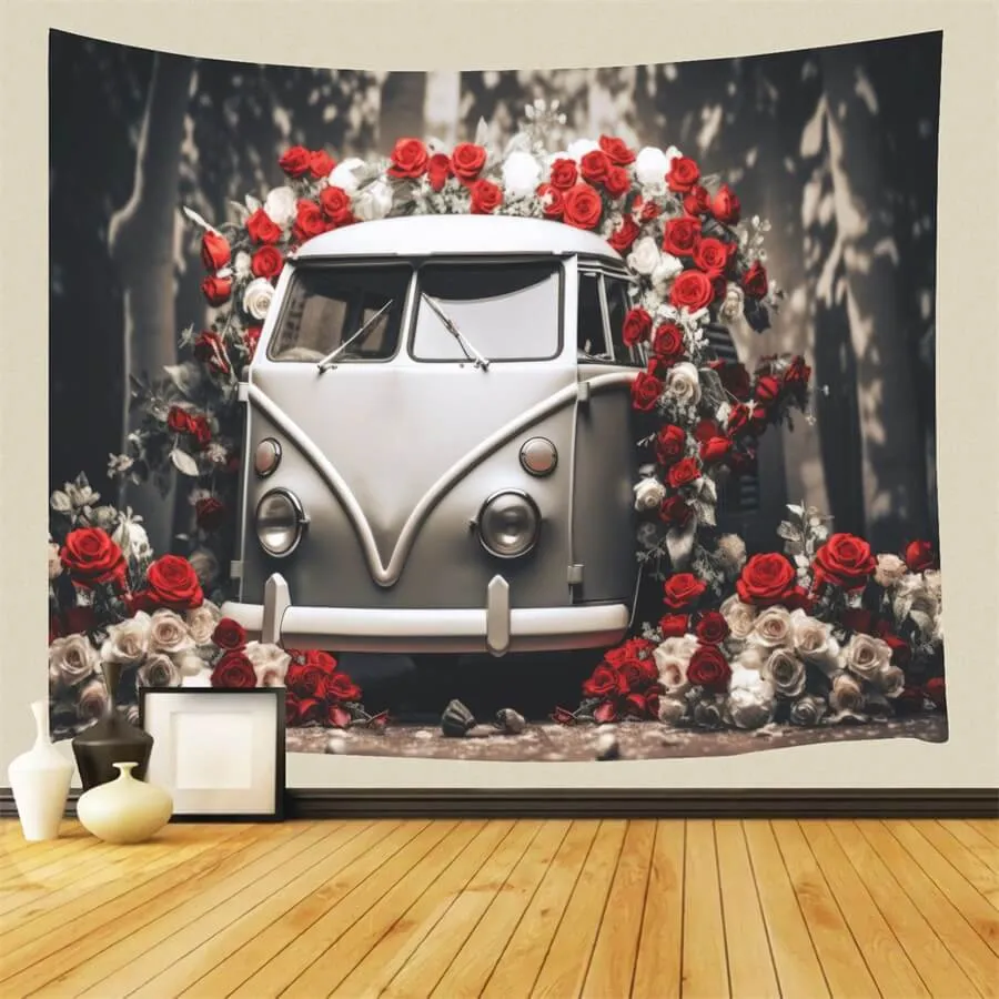 St Valentin Voiture Vieux style Roses Rouges et Blanches Romantique Toile de fond M12-34