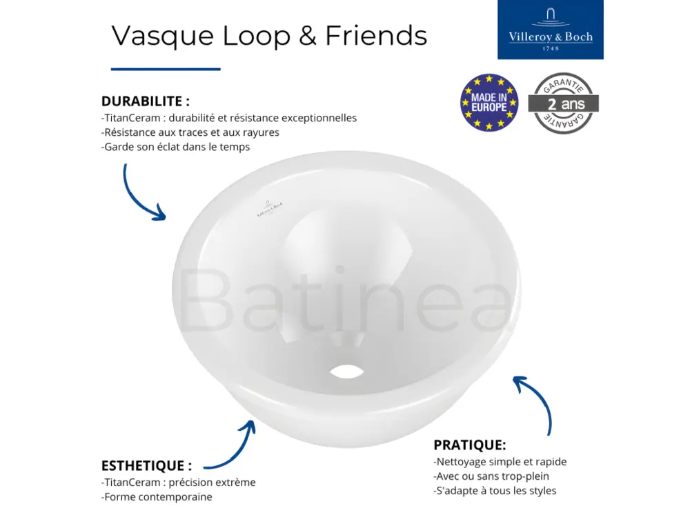 Vasque 45 x 45 ronde à poser VILLEROY ET BOCH Loop & Friends TitanCeram stone blanc pur sans trop plein
