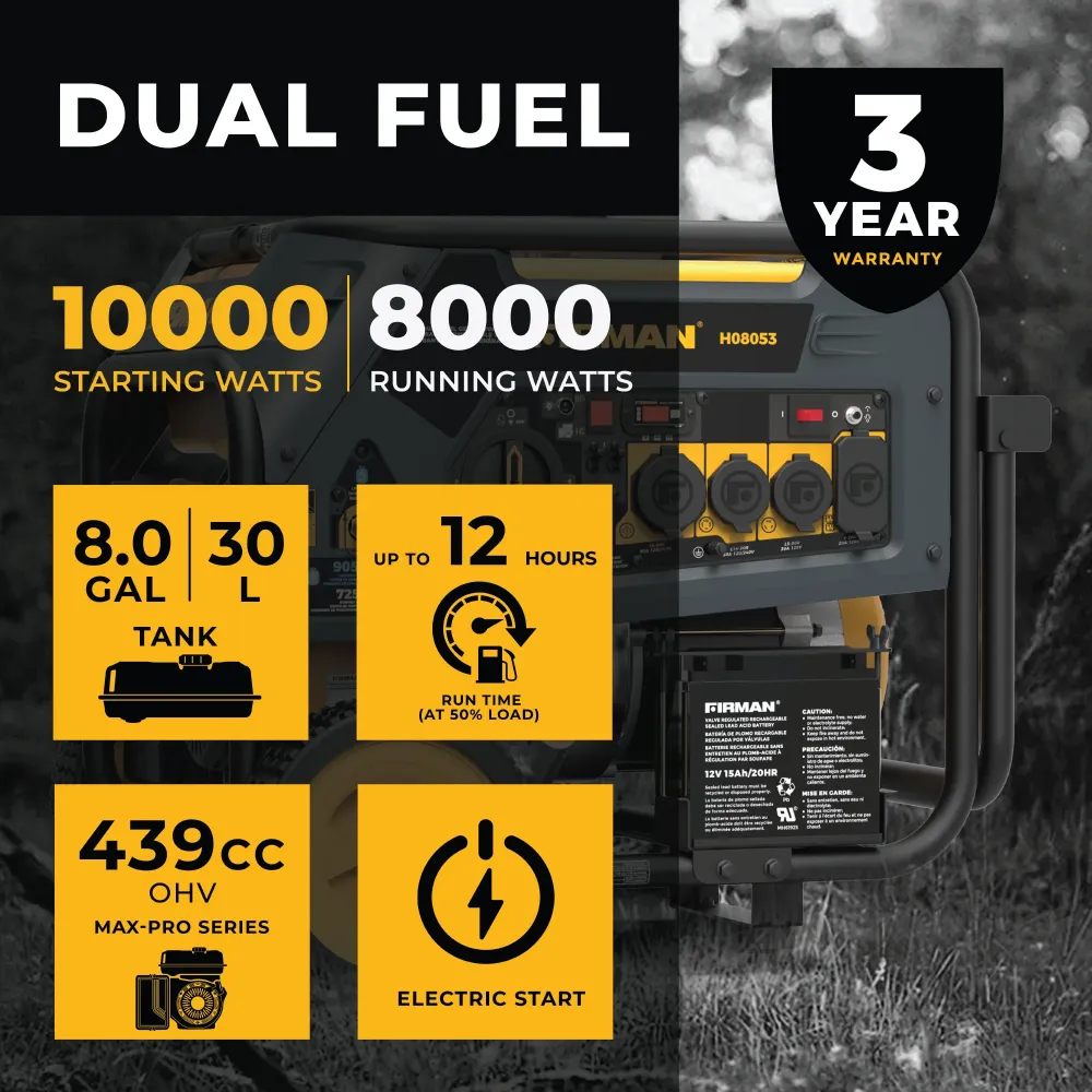 Dual Fuel Léger et mobile Generator 8000W Electric Start 120/240V