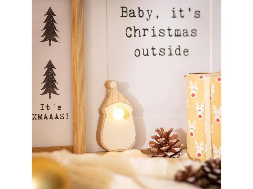 Père Noël LED à Pile Bois avec système antivol