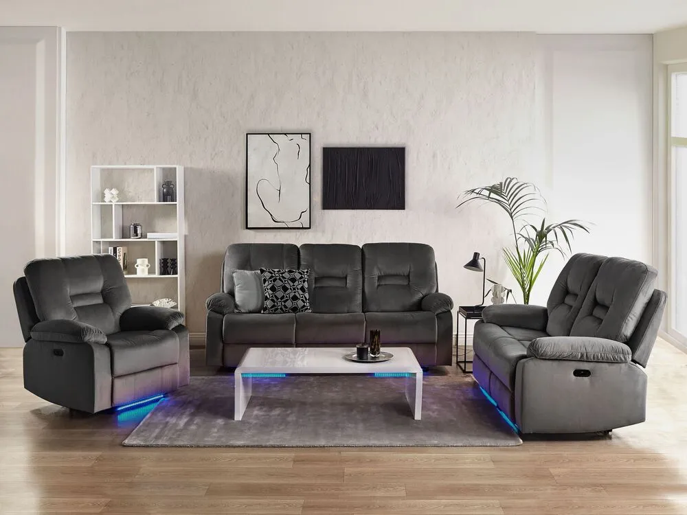 3 Seater En velours LED Electric Recliner Sofa USB Port Grey BERGEN
