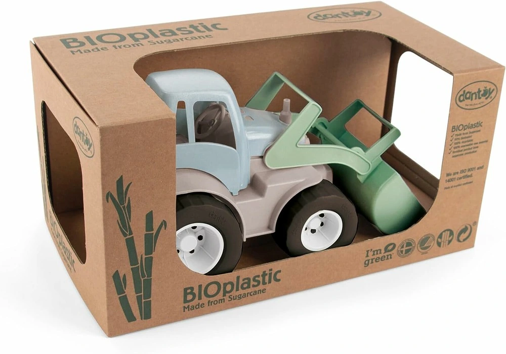 Tracteur pelleteuse en bioplastique vert pour stockage extérieur
