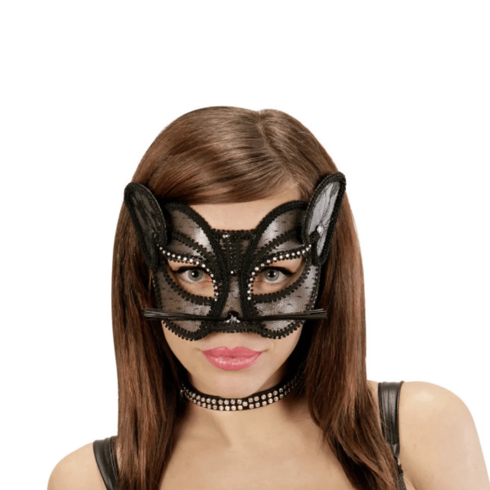 Loup dentelle strass panthère noir – Élégant & mystérieux