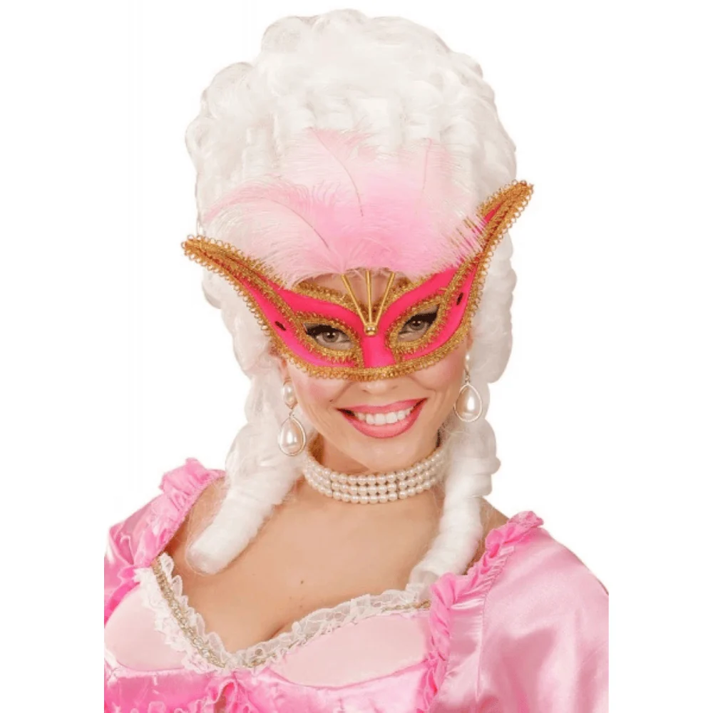 Loup vénitien plumes fuchsia – Contour doré élégant