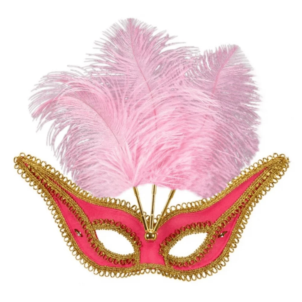 Loup vénitien plumes fuchsia – Contour doré élégant