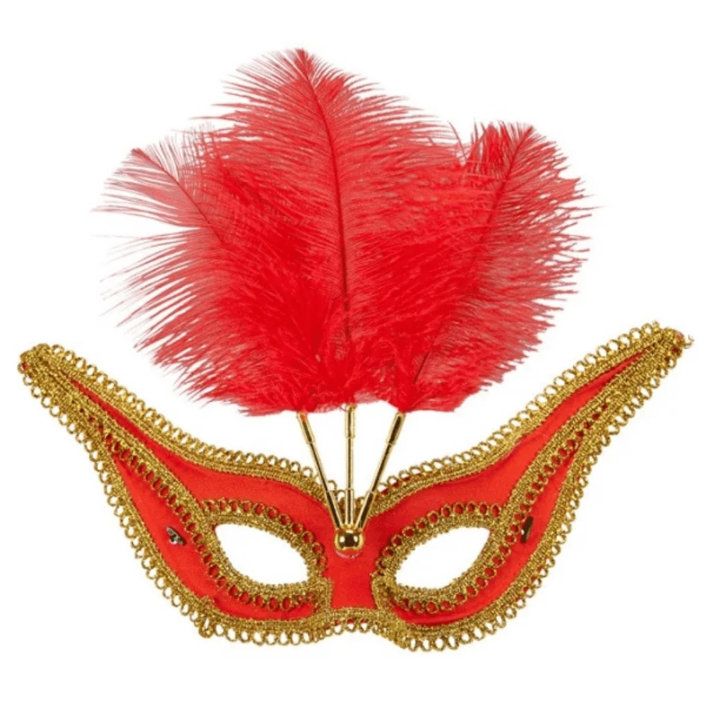 Loup vénitien plumes rouge – Contour doré glamour