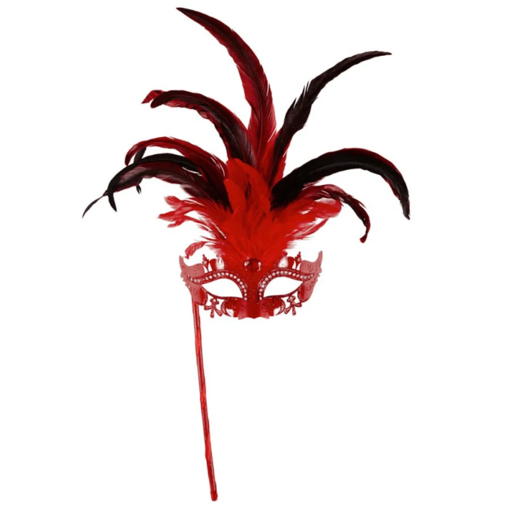 Masque Vénitien Plumes XL Rouge sur Bâton – Strass & Spectaculaire