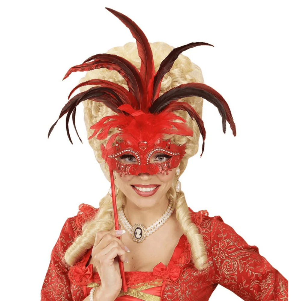 Masque Vénitien Plumes XL Rouge sur Bâton – Strass & Spectaculaire