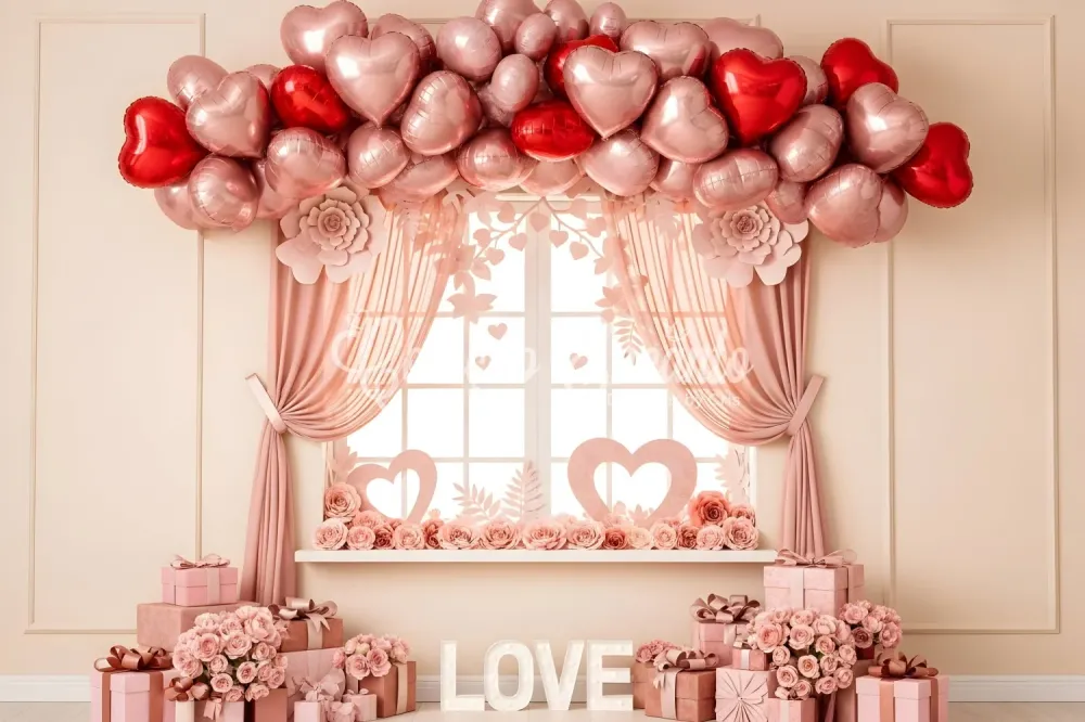 Support de transport Idées de fonds pour la Saint-Valentin Fenêtre avec ballons en forme de cœur rose Fonds pour la Saint-...