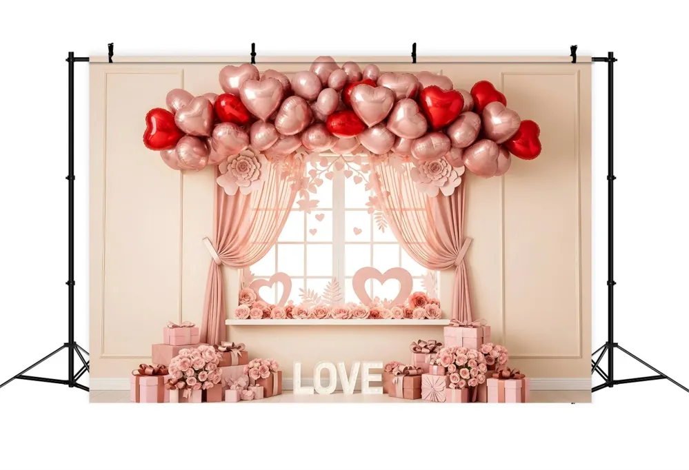 Support de transport Idées de fonds pour la Saint-Valentin Fenêtre avec ballons en forme de cœur rose Fonds pour la Saint-...