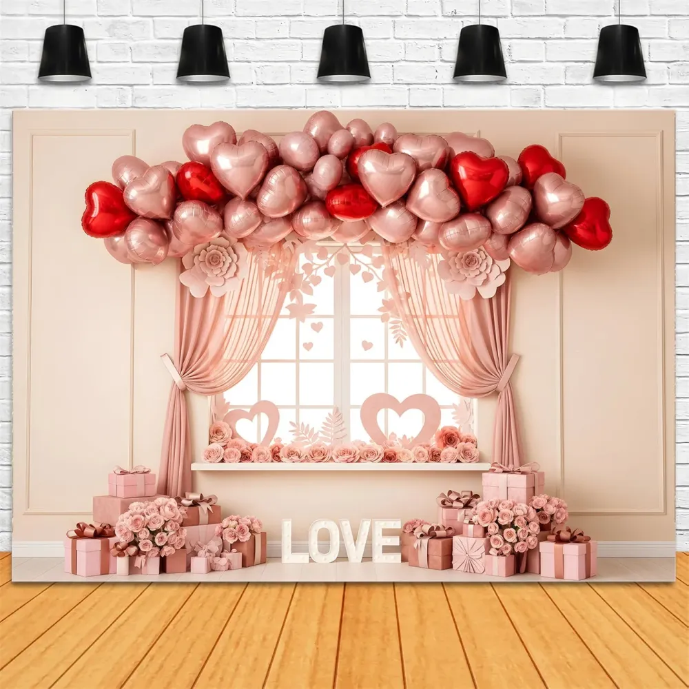 Support de transport Idées de fonds pour la Saint-Valentin Fenêtre avec ballons en forme de cœur rose Fonds pour la Saint-...