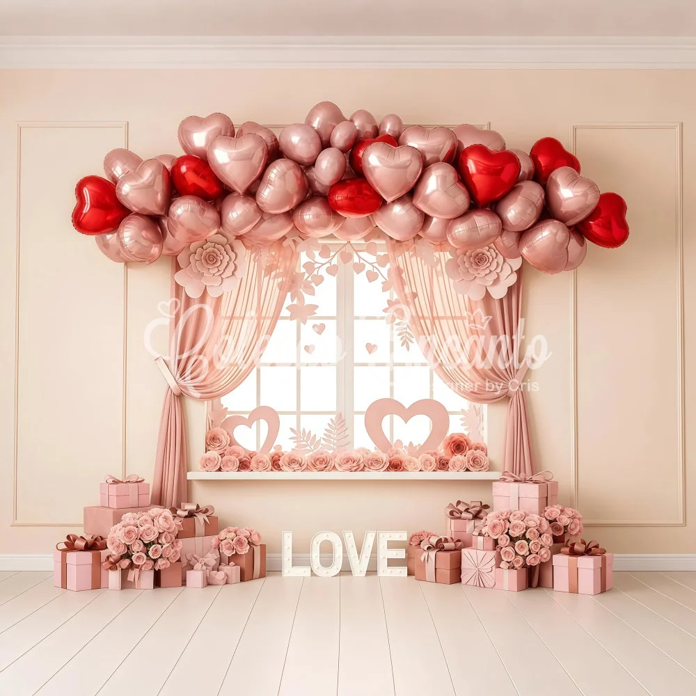 Support de transport Idées de fonds pour la Saint-Valentin Fenêtre avec ballons en forme de cœur rose Fonds pour la Saint-...