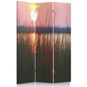 Paravent coucher de soleil sur le lac 3 volets - 110 x 150 cm - 2 faces R° V° + rotation 360°