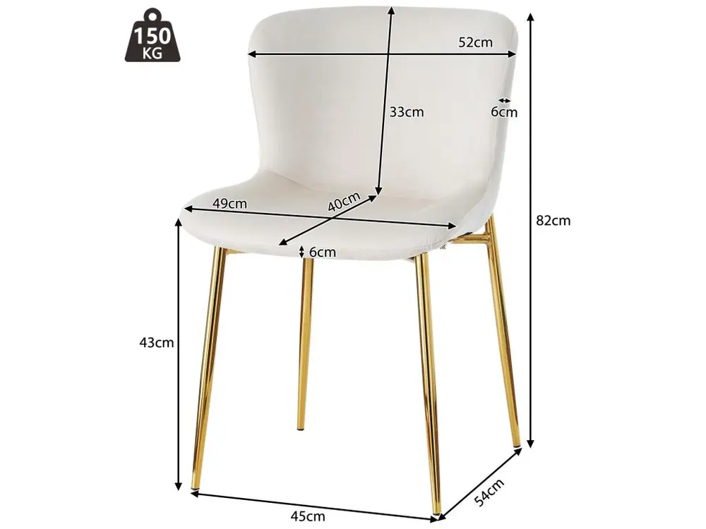 Certifié OEM Lot de 4 chaises - velours - pieds en métal doré - écru