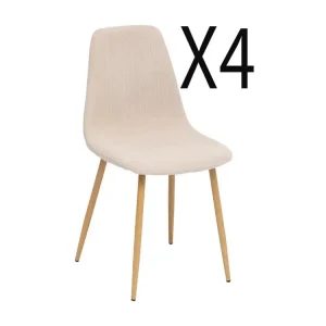 Lot de 4 chaises en velours coloris écru, pieds en bois imitation chêne