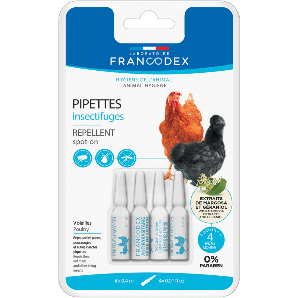 Pipettes insectifuges volailles x4 Francodex en bleu métallisé