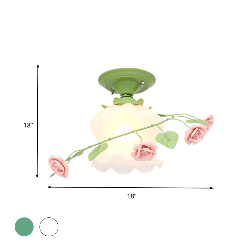 Plafonnier festonné à 1 ampoule, éclairage semi-monté classique en verre opale satiné blanc/vert