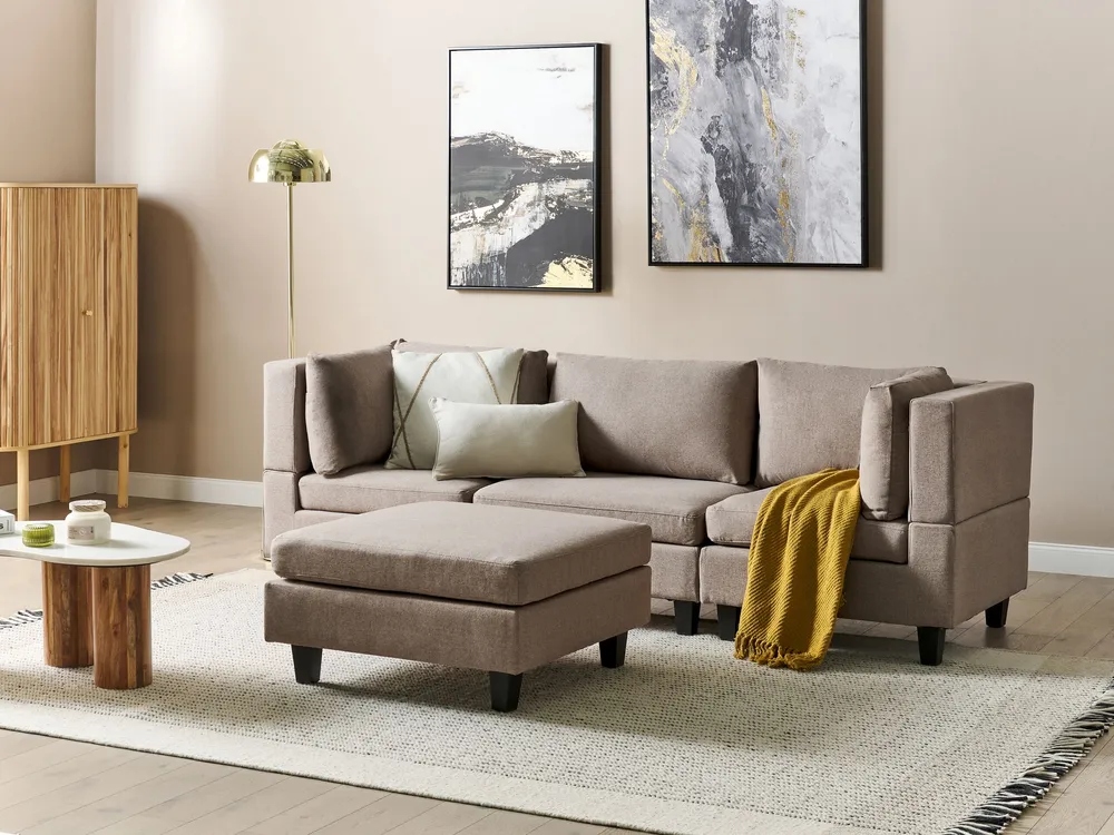 3-Seater Combinable Fabric Sofa Ottoman Brown UNSTAD