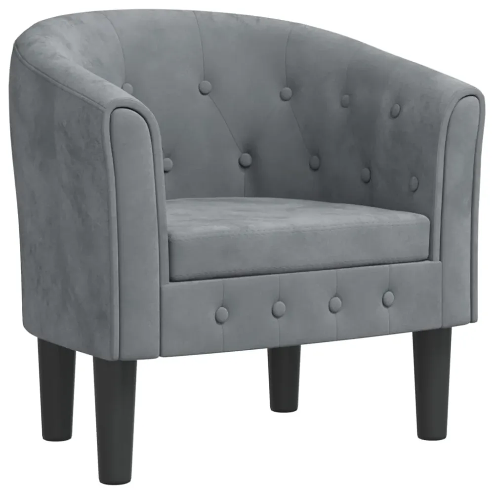 Fauteuil lounge assise confortable design moderne en velours gris ténébreux capitonné DEC026452