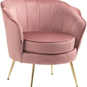 Fauteuil lounge chaise de chaise rembourrée avec coutures décoratives revêtement en velours rose et pieds métal doré FAL10...