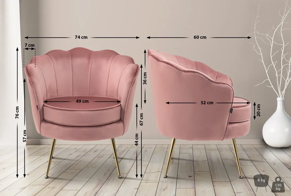 Fauteuil lounge chaise de chaise rembourrée avec coutures décoratives revêtement en velours rose et pieds métal doré FAL10...