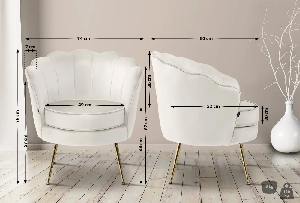 Fauteuil lounge chaise de chaise rembourrée avec coutures décoratives revêtement en velours crème et pieds métal doré FAL1...