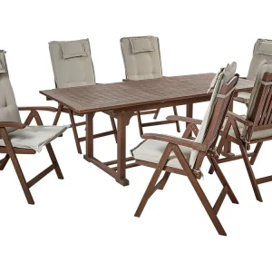 6 Seater Acacia Wood Garden Dining Set Taupe Cushions AMANTEA
