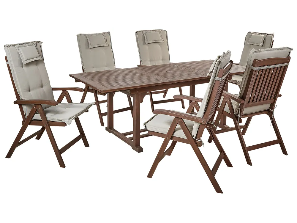6 Seater Acacia Wood Garden Dining Set Taupe Cushions AMANTEA