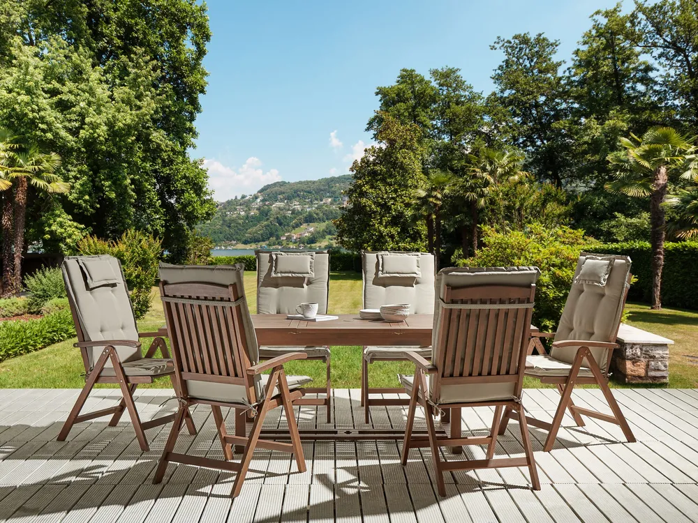 6 Seater Acacia Wood Garden Dining Set Taupe Cushions AMANTEA