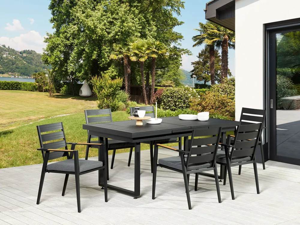 6 Seater Aluminium Garden Dining Set Grey Cushions Noir jais VALCANETTO/TAVIANO