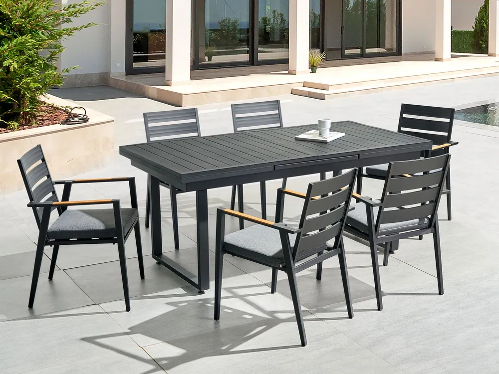6 Seater Aluminium Garden Dining Set Grey Cushions Noir jais VALCANETTO/TAVIANO